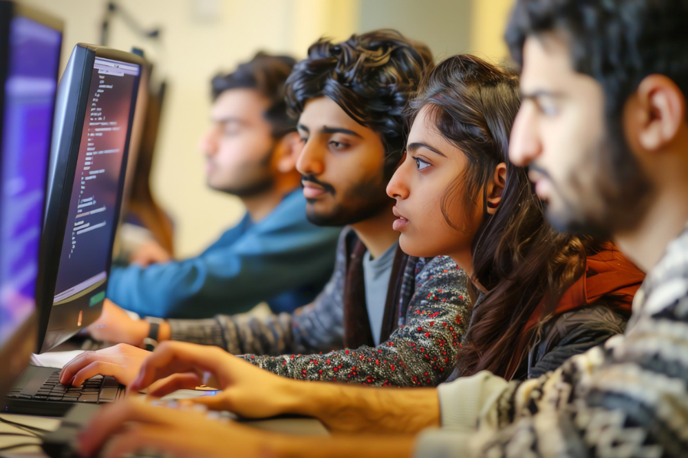Students learning computer programming and coding in a modern classroom