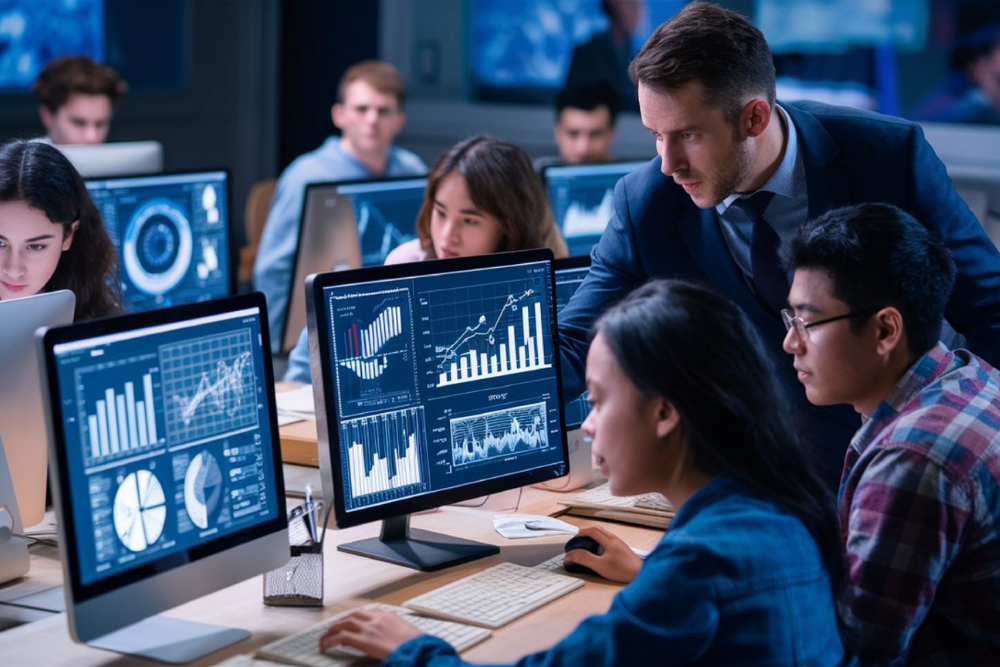 Students and an instructor analyzing data dashboards on computer screens during a hands-on data science or analytics training session in a modern classroom.