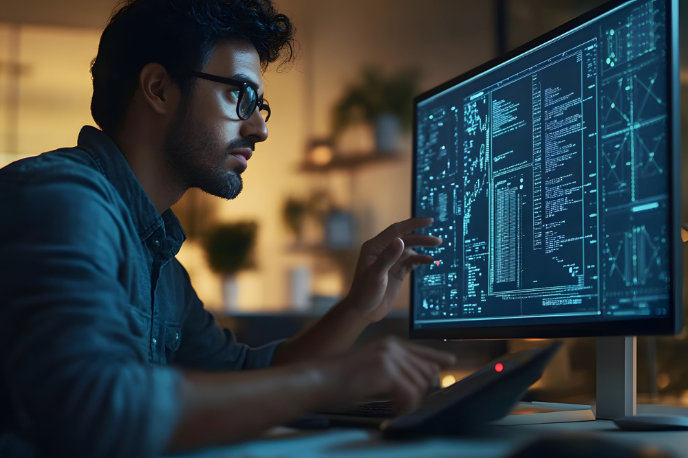Software developer working on code, programming and debugging applications on a desktop computer.