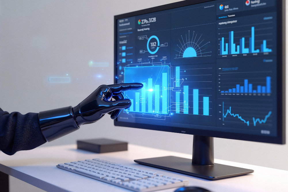 Artificial intelligence and data science dashboard with robotic hand analyzing real-time data, charts, and machine learning metrics on a desktop screen.
